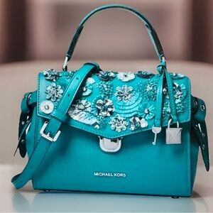 Michael Kors Teal Floral Embellished Satchel